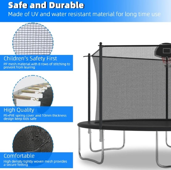 14 FT TRAMPOLINE INSIDE SAFETY NET WITH BASKETBALL HOOP