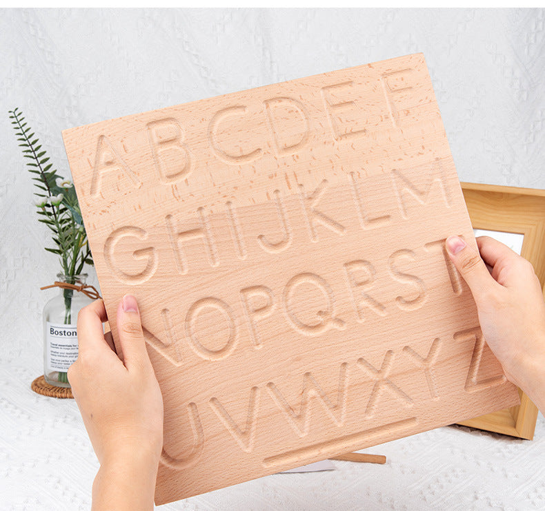 Wooden concave-convex groove calligraphy board Early education Montessori numbers and letters geometry beech braille board Letter