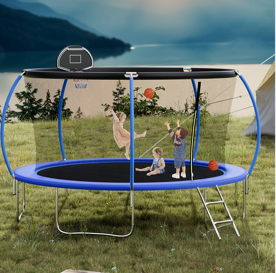 8 FT TRAMPOLINE OUTSIDE SAFETY NET WITH BASKETBALL HOOP