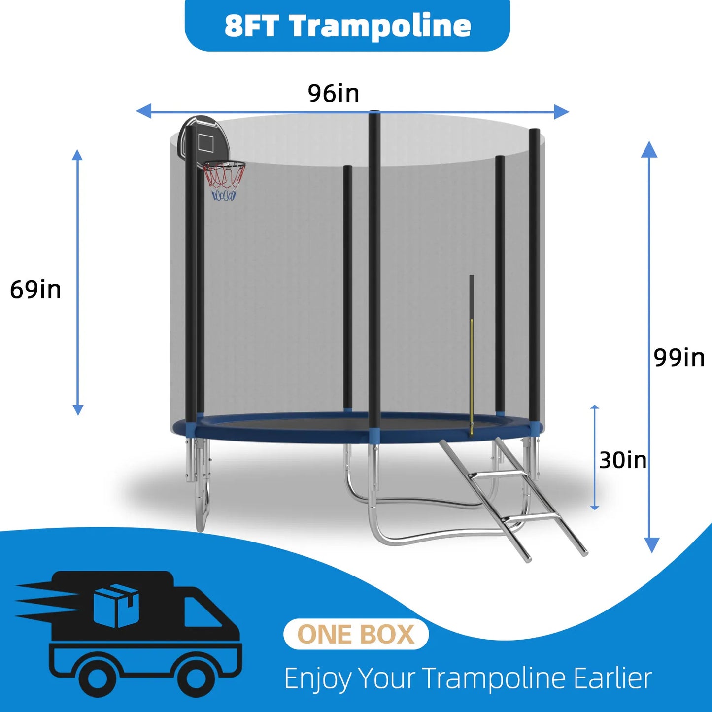 8 FT TRAMPOLINE OUTSIDE SAFETY NET WITH BASKETBALL HOOP