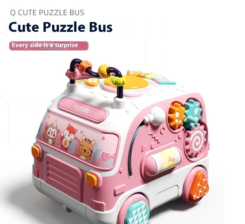 Fun Puzzle Bus Early Education Children Enlightenment Electric Sound And Light Universal Toy Car Pink English Version
